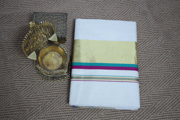 Set saree with copper sulfate blue , majenta and gold border