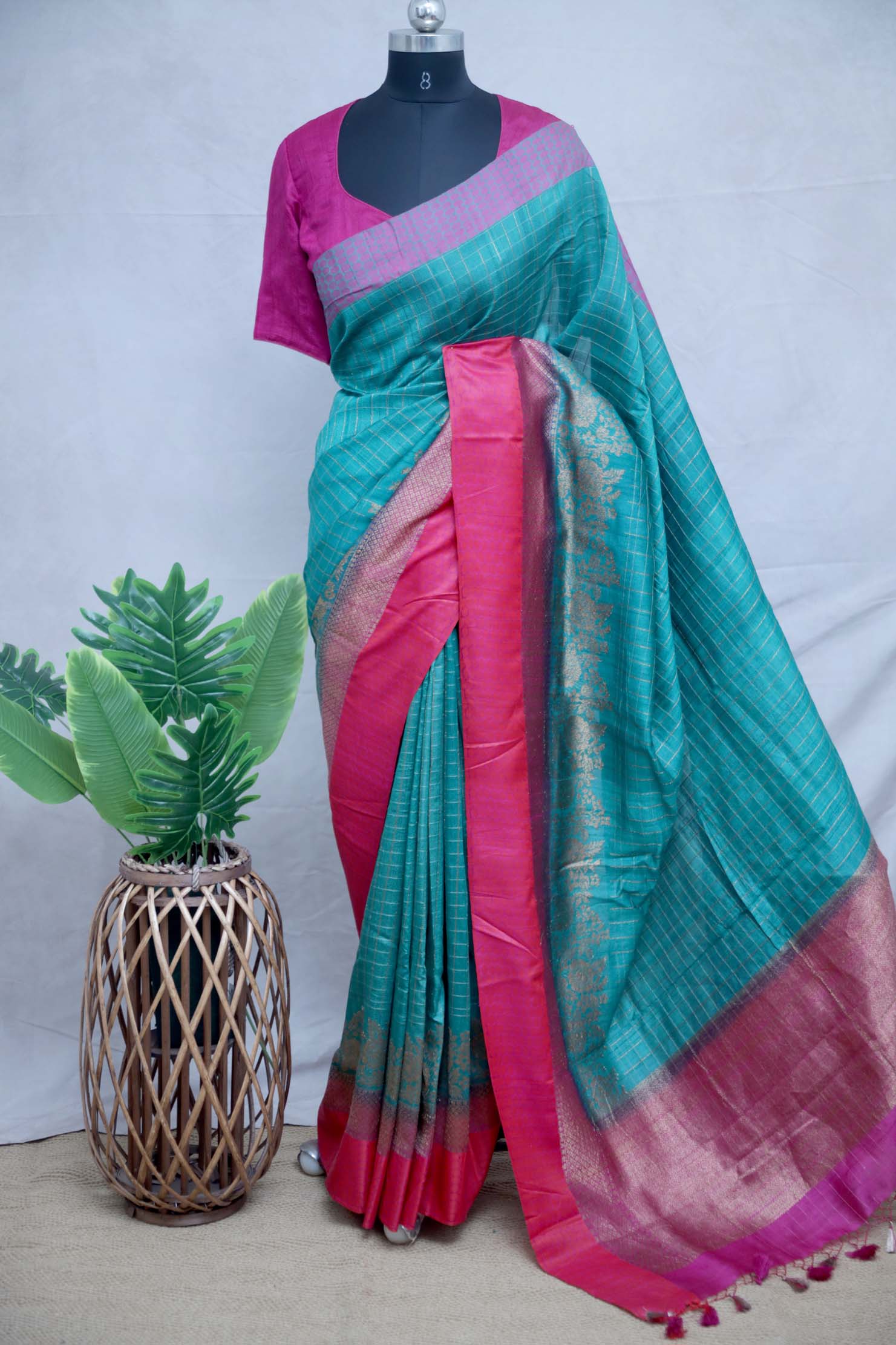 Peacock green and Pink combination Tussar banarsi saree with stitched blouse