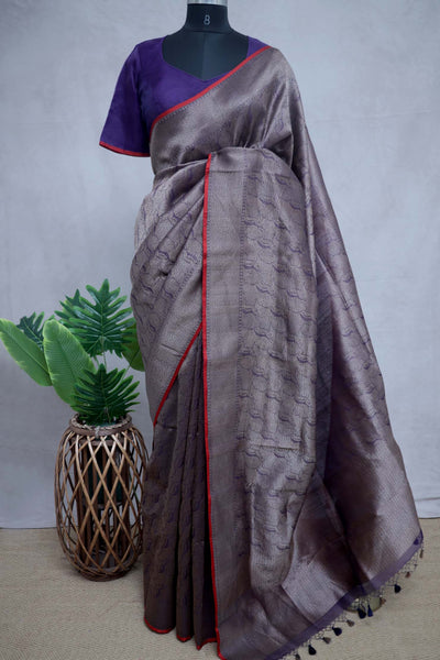 Navy Blue brocade organza saree with stitched blouse