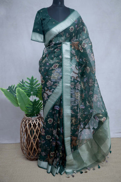 Kalamkari printed organza silk saree with stitched blouse