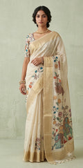 Tissue linen saree with kalamkari patch work , with BP