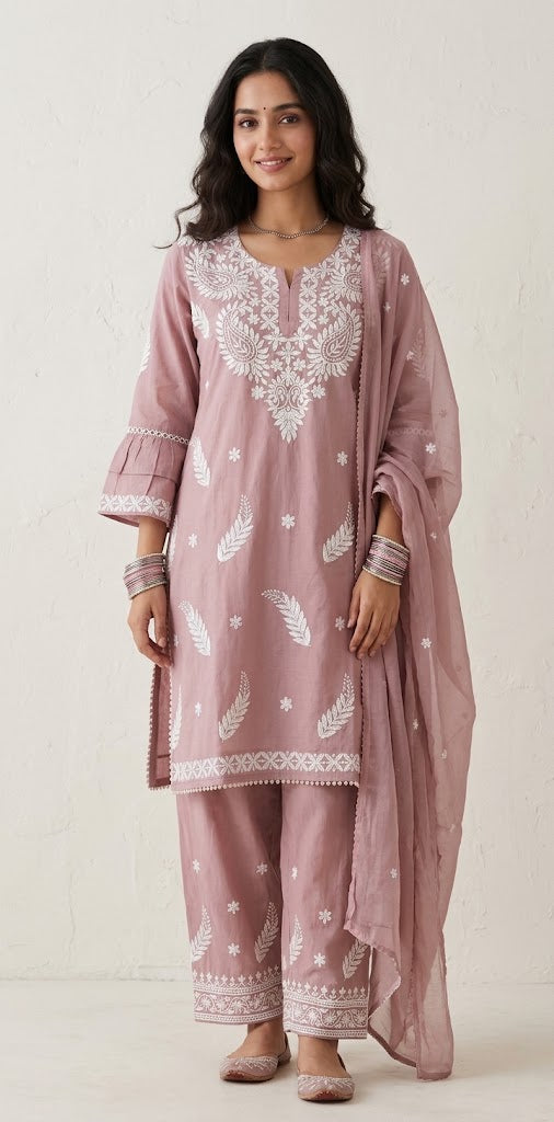 Dusty Pink kurti with white embroidery , palazzo pants and dupatta