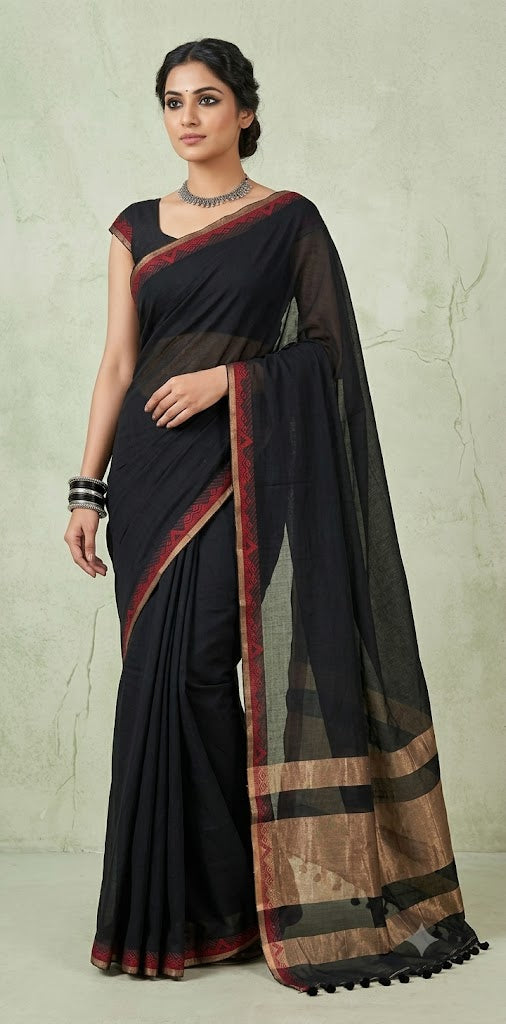 Cotton handloom saree with zari and red thread weave