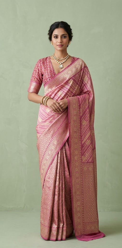 Blush Pink Jaal Weaved Georgette Banarasi Saree with Digital Print and Stitched Blouse