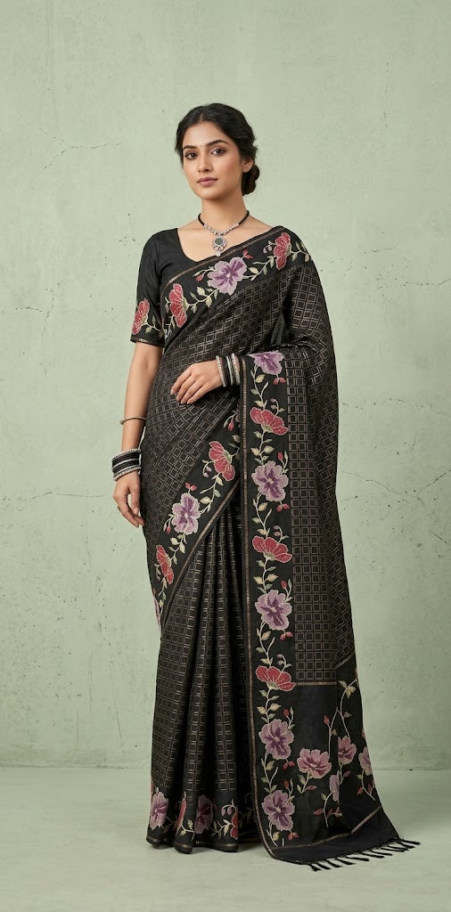 Semi tussar saree with embroidery and stitched blouse