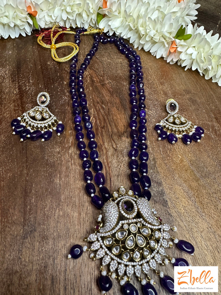 2 Layer Purple Bead Chain With Victorian Finish Pendent And Earring Necklace