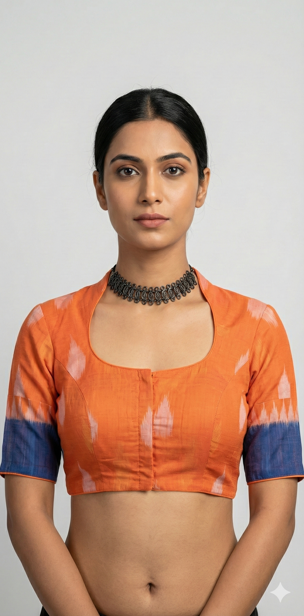 Orange and navy blue combo ikkat cotton blouse