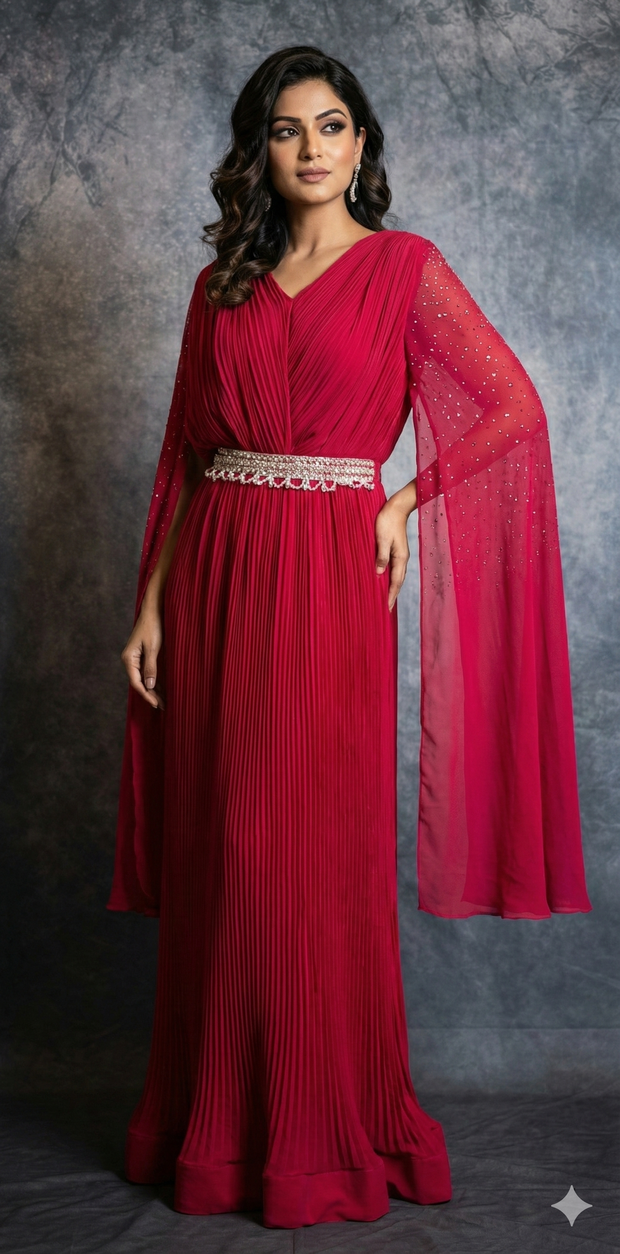 Pink gown with sleeve pattern and belt
