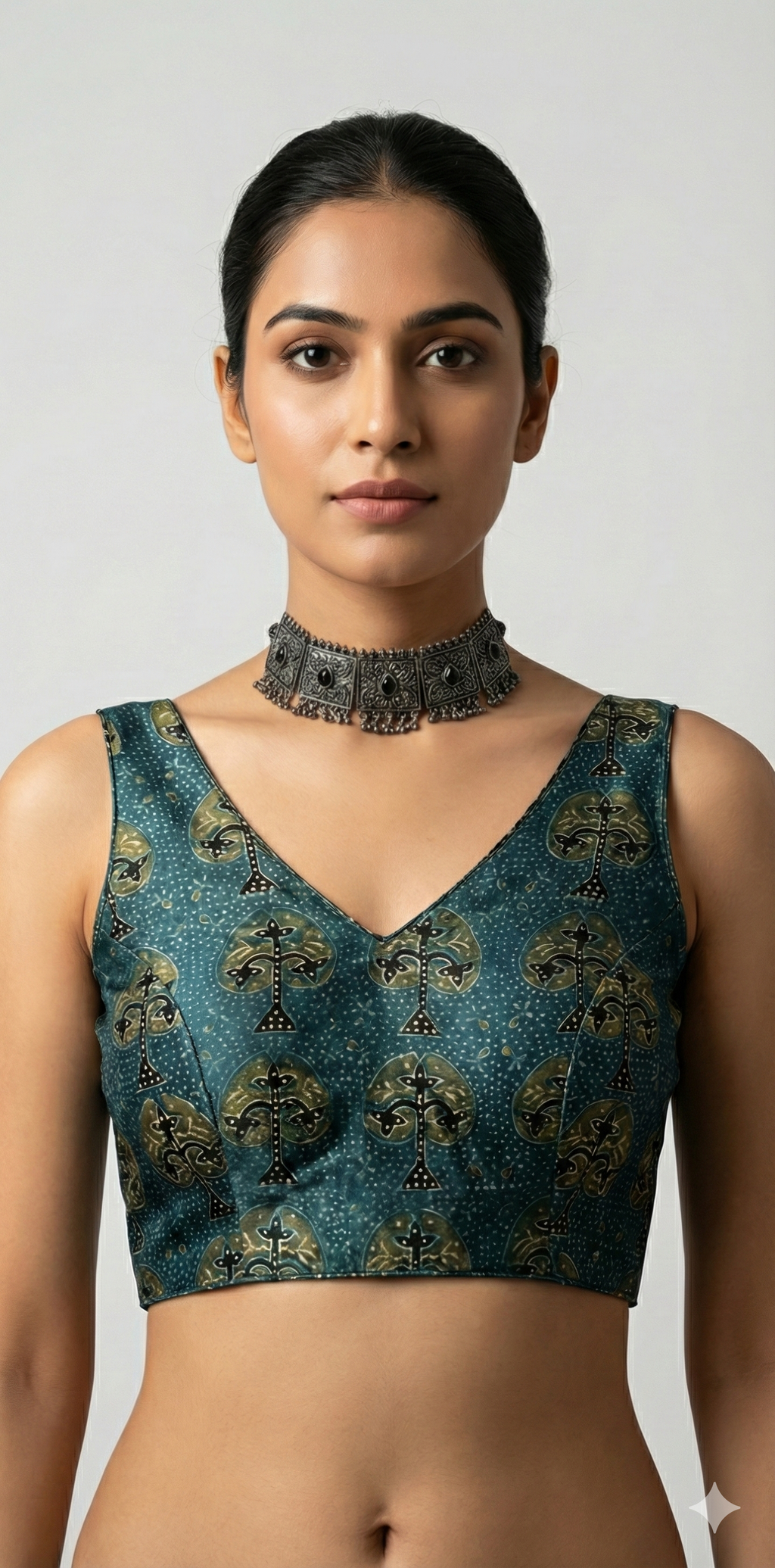 Indigo blue ajrakh hand printed modal silk blouse