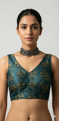 Indigo blue ajrakh hand printed modal silk blouse