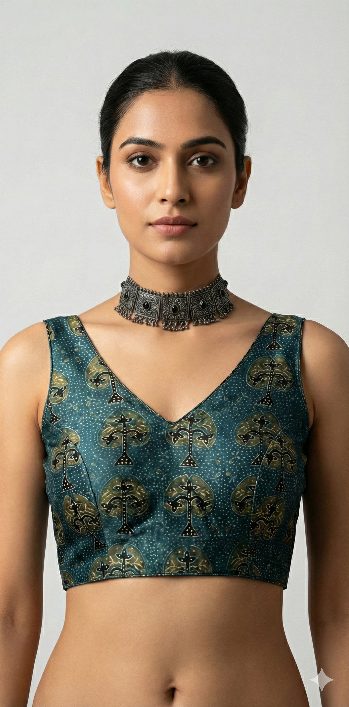 Indigo blue ajrakh hand printed modal silk blouse
