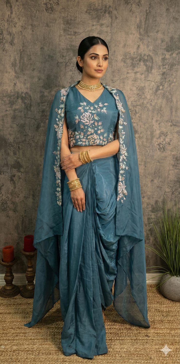 Pastel blue Crepe drape skirt , short top and shrug (fits to M/L/XL)