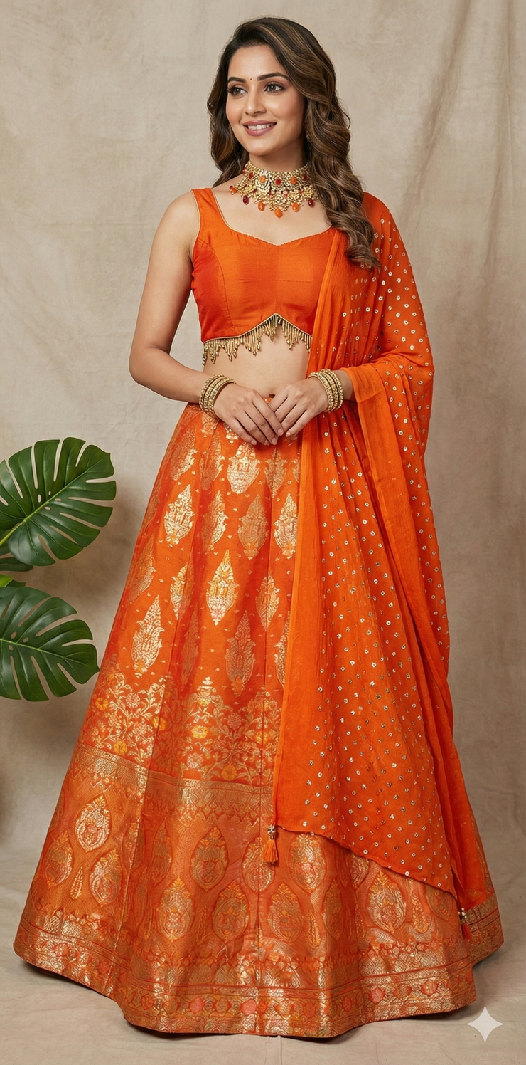 Orange Banarsi silk lehanga