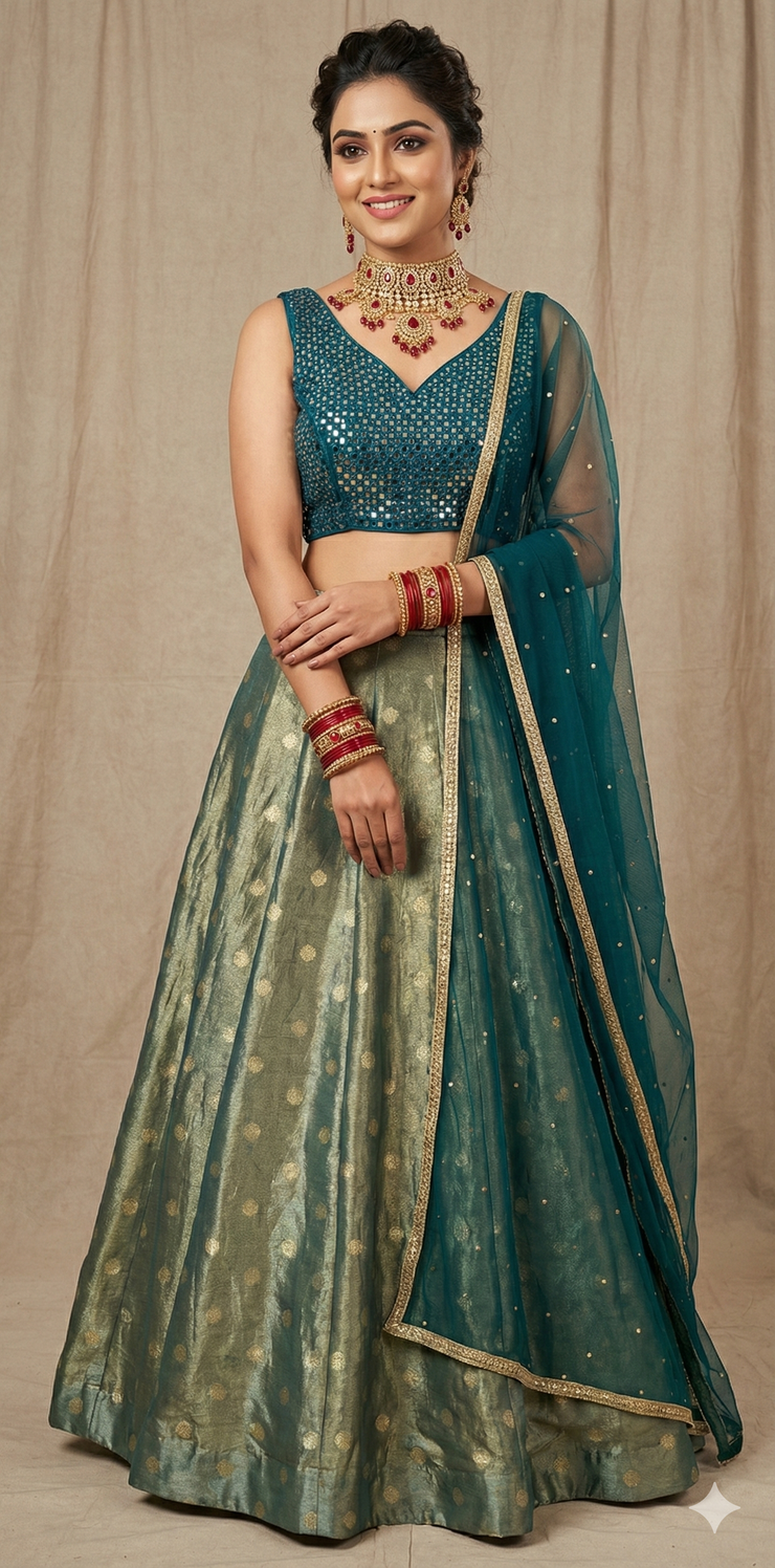 Peacock blue tissue silk lehanga with mirror work blouse