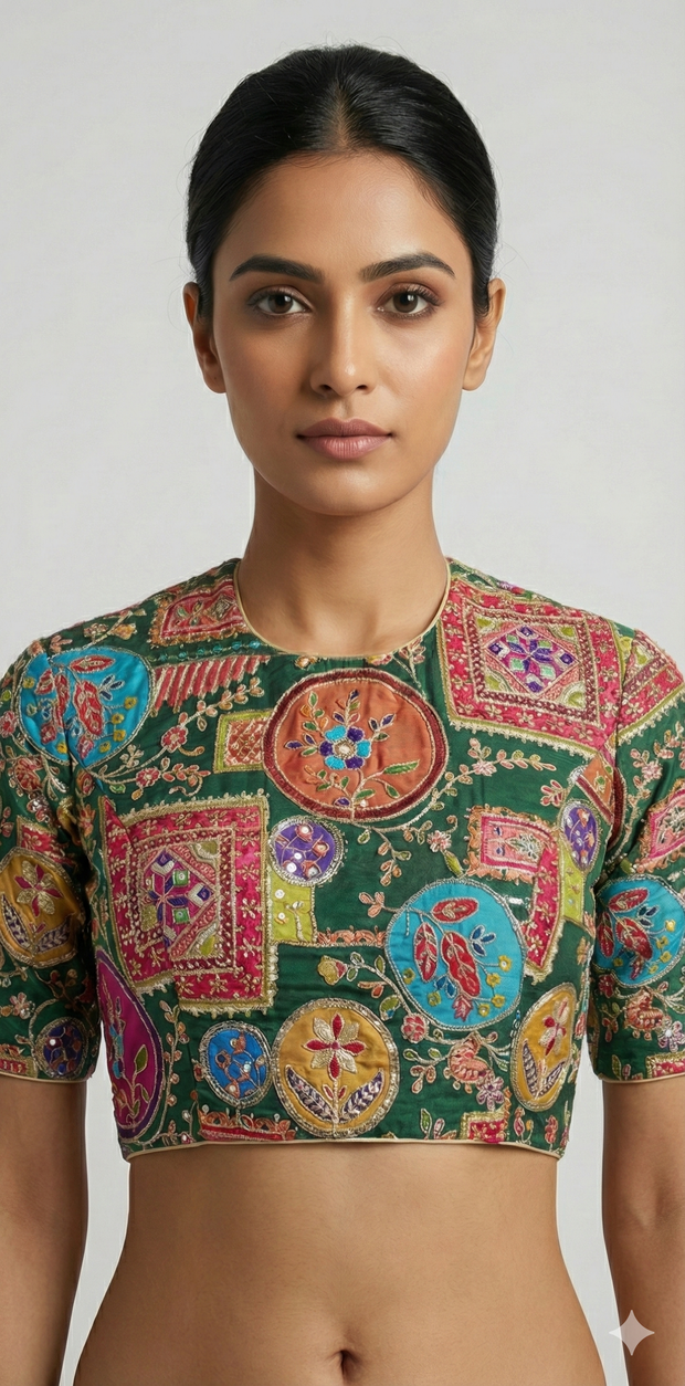 Green blouse with multi color print and highlighted with threadwork