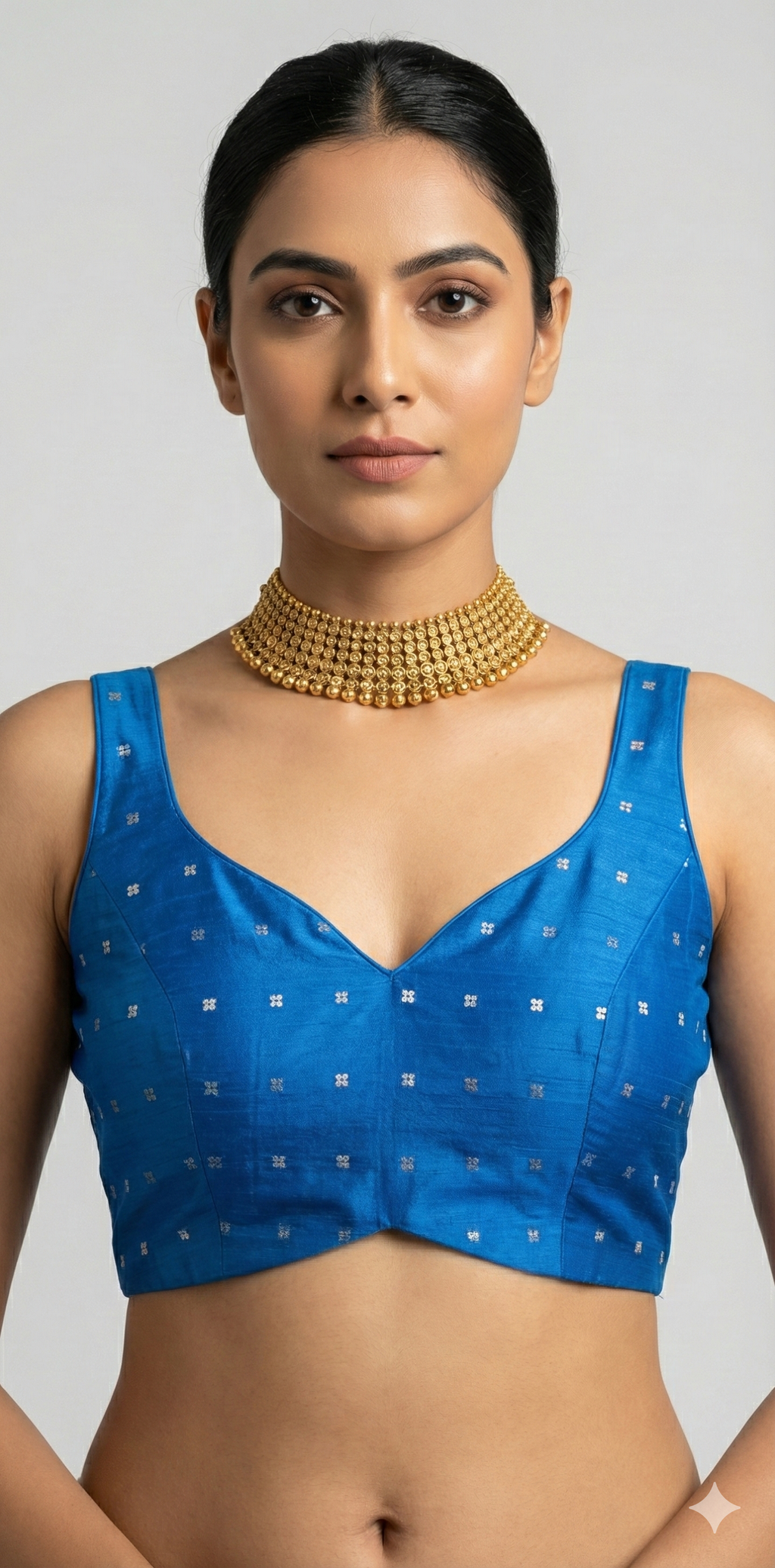 Peacock blue sleevelss blouse with sequins weave