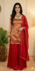 Red Banarsi brocade silk short kuti with flared palazzo