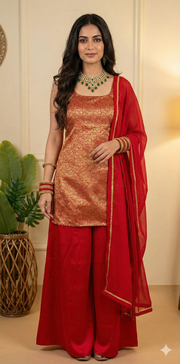 Red Banarsi brocade silk short kuti with flared palazzo