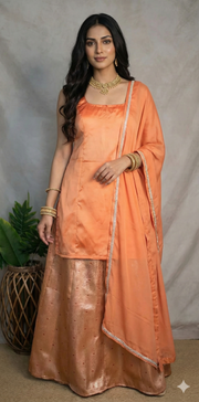 Peach silk short kuti with Banarsi brocade flared palazzo