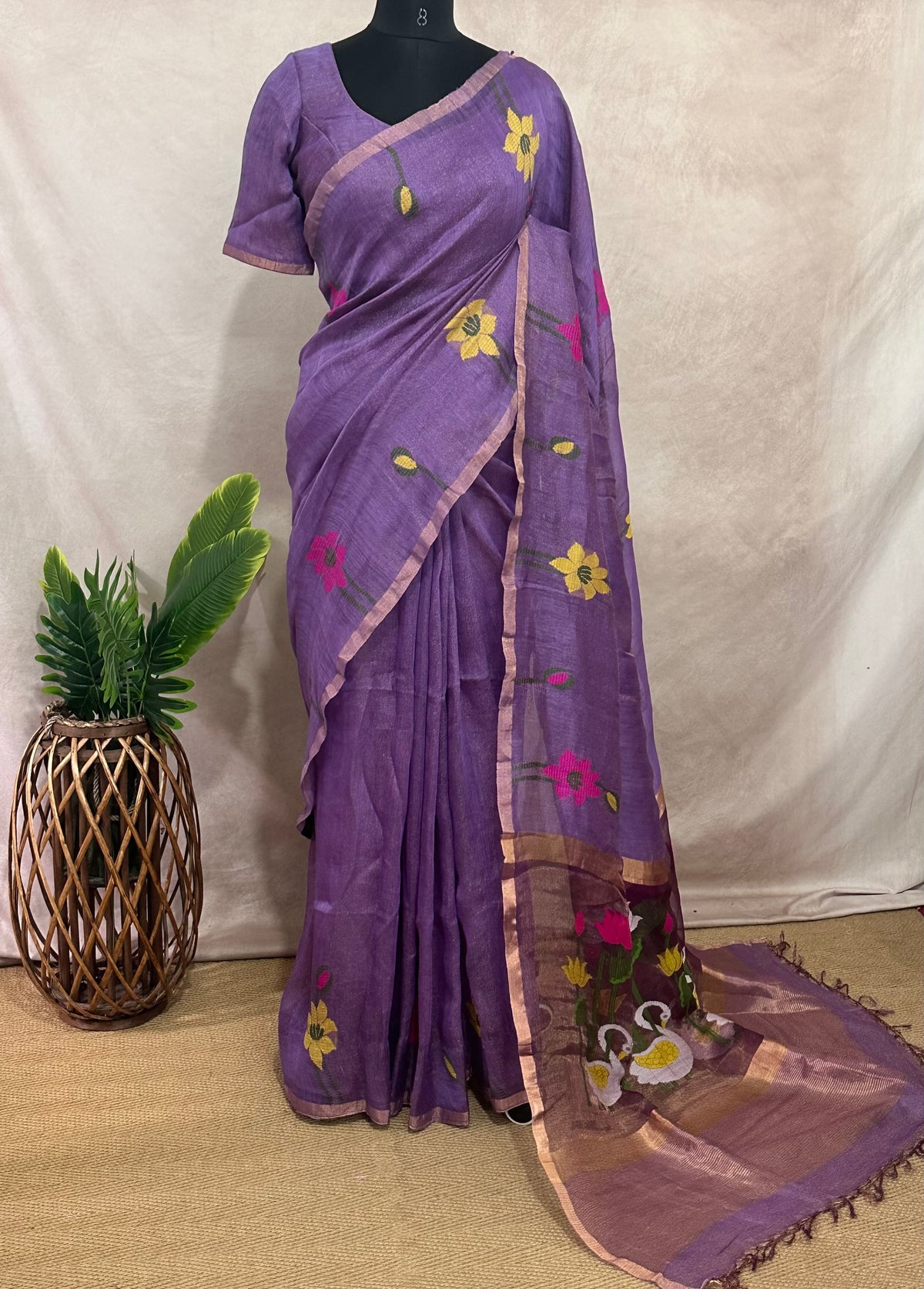 Pure silk linen saree with jamdani weave and stitched blouse