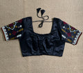 Black modal silk blouse with mirror work and hand Kutch Embroidery