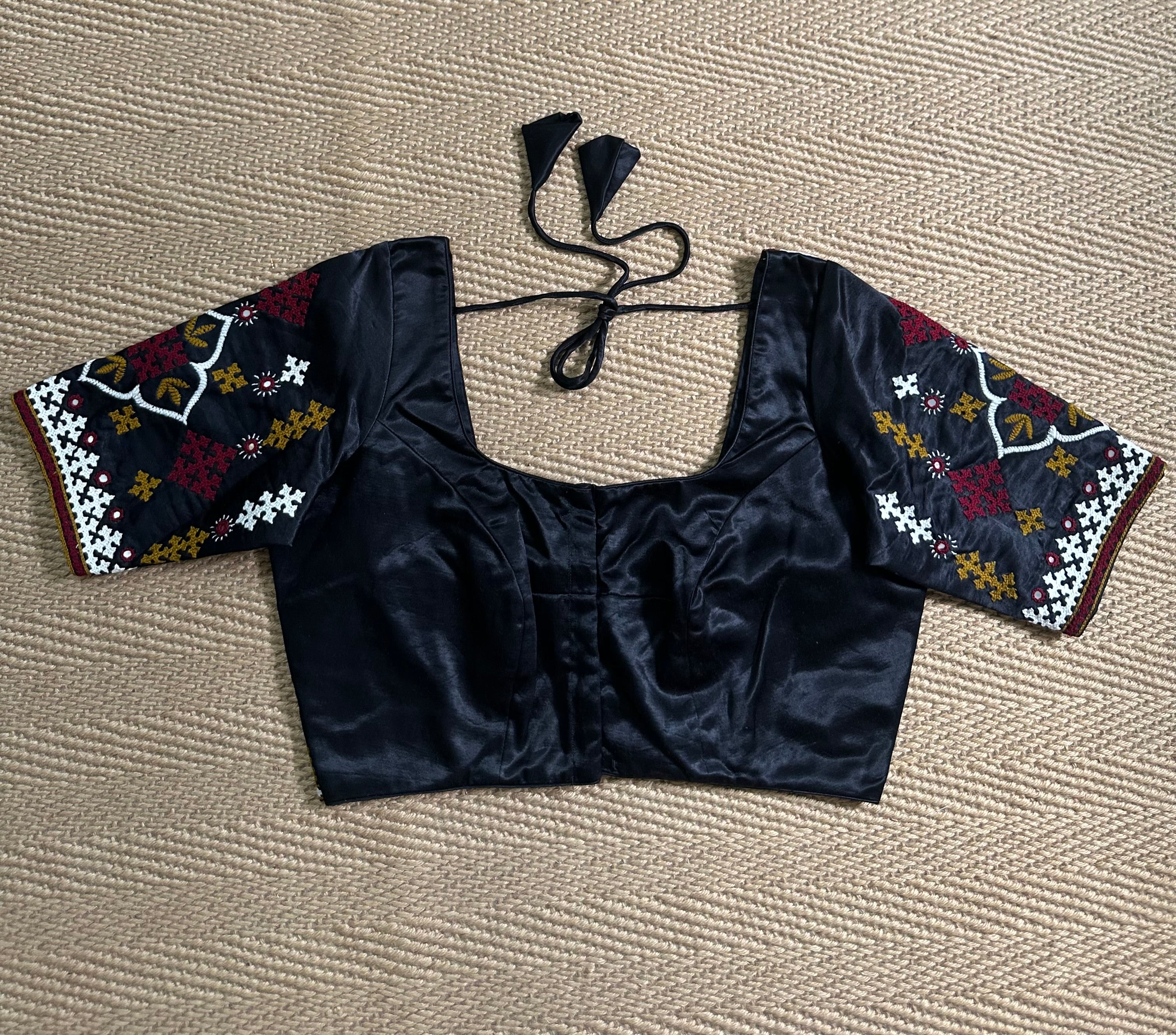 Black modal silk blouse with mirror work and hand Kutch Embroidery