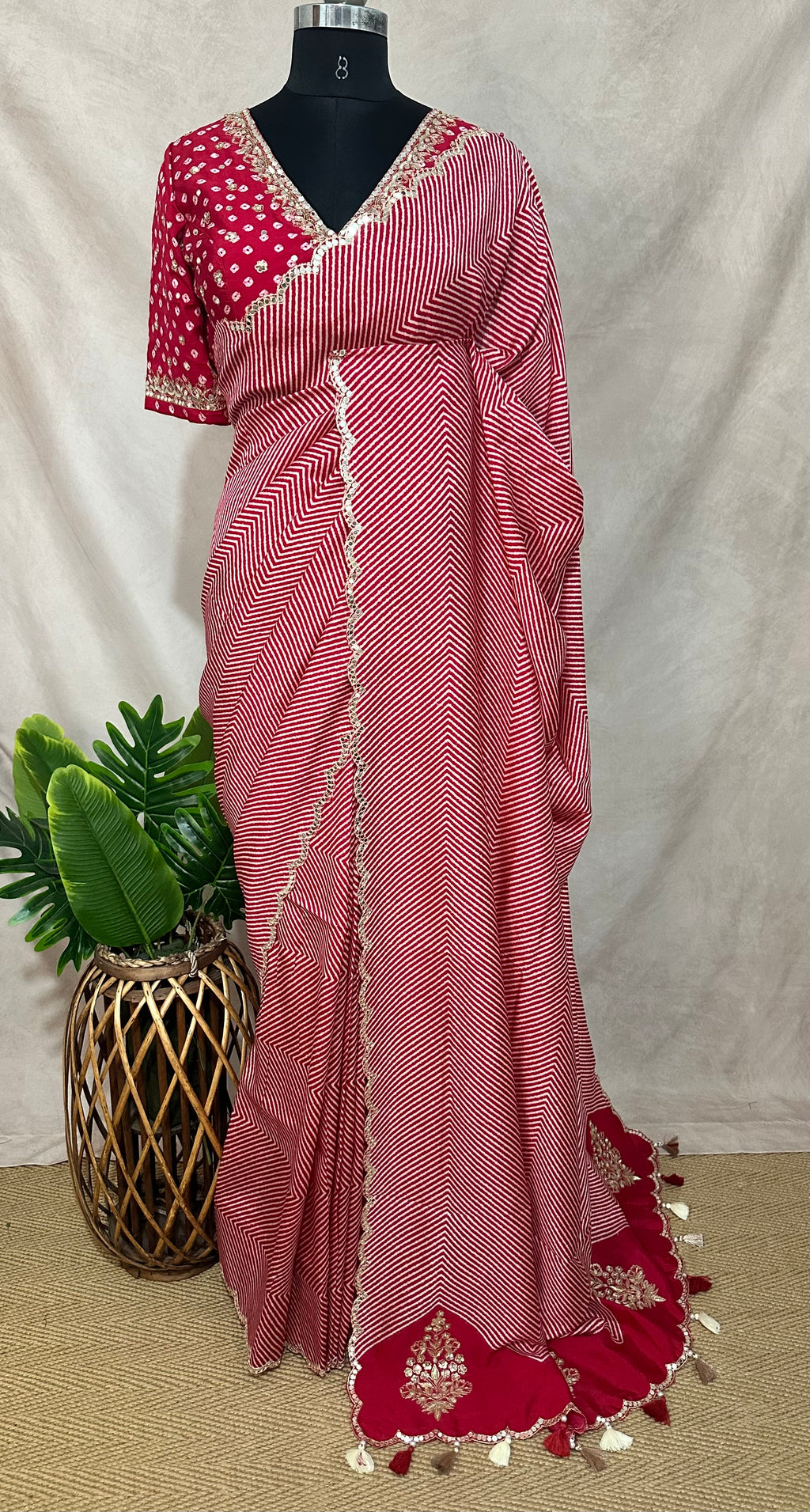 Lahariya printed tussar silk saree with handwork , stitched blouse