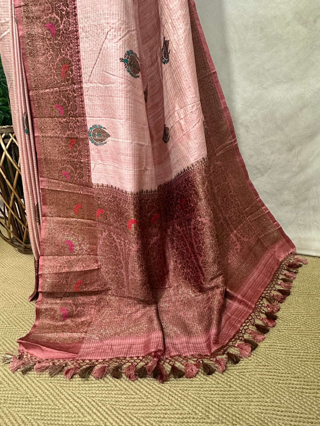 Light pink dupion silk saree with meenakari weave and stitched blouse