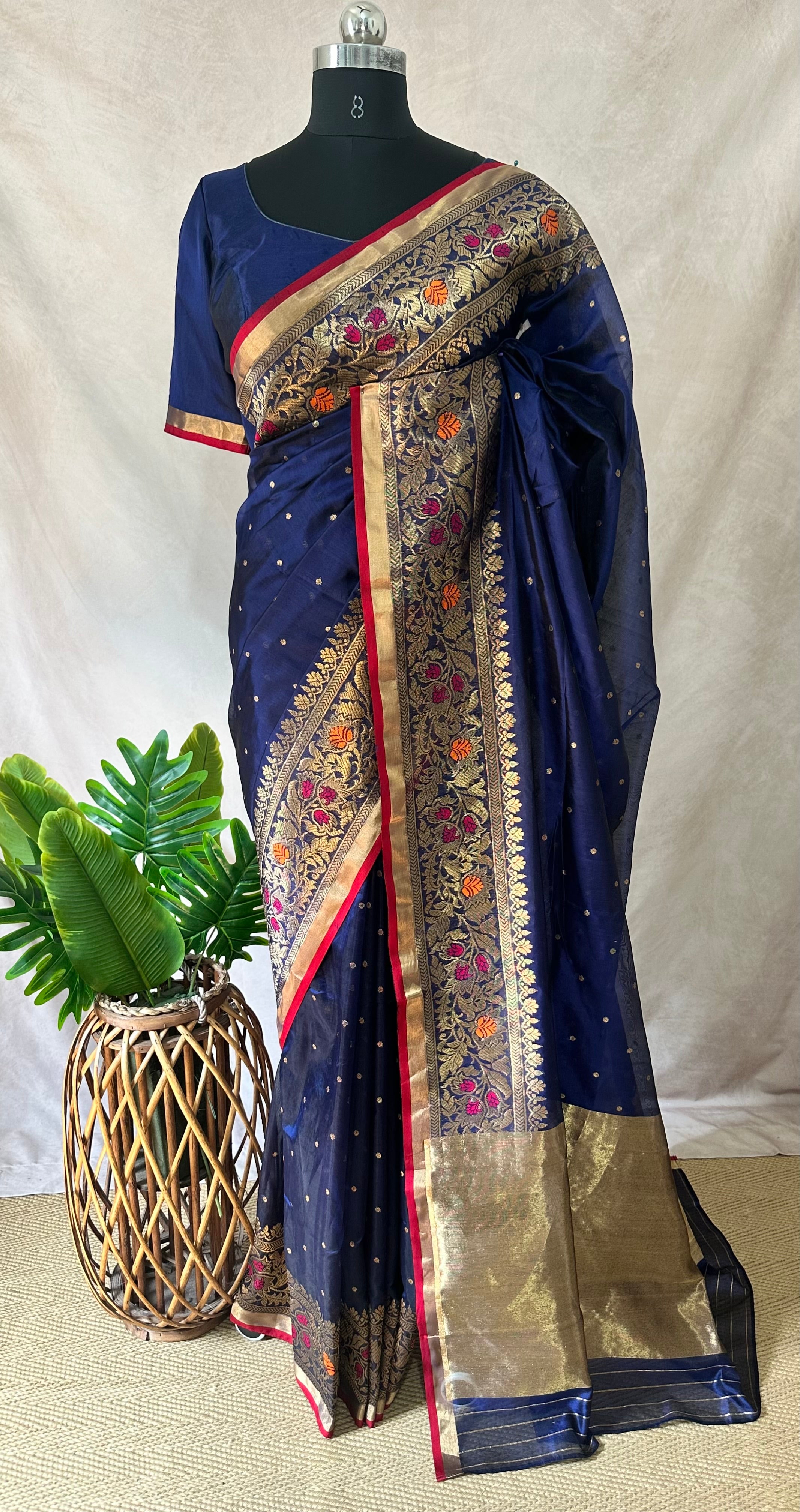 Chanderi katan handloom saree with stitched blouse