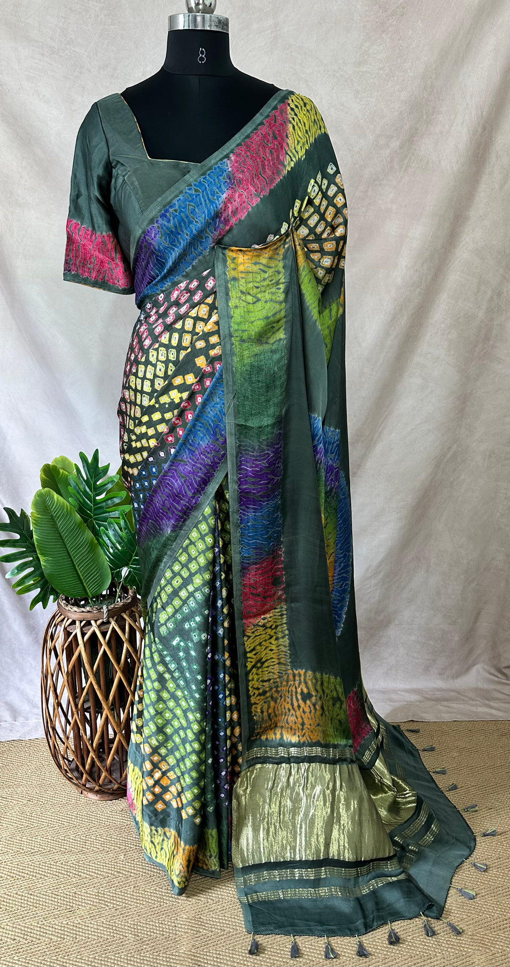 Olive green modal silk with bandhini and shibori work, stitched blouse