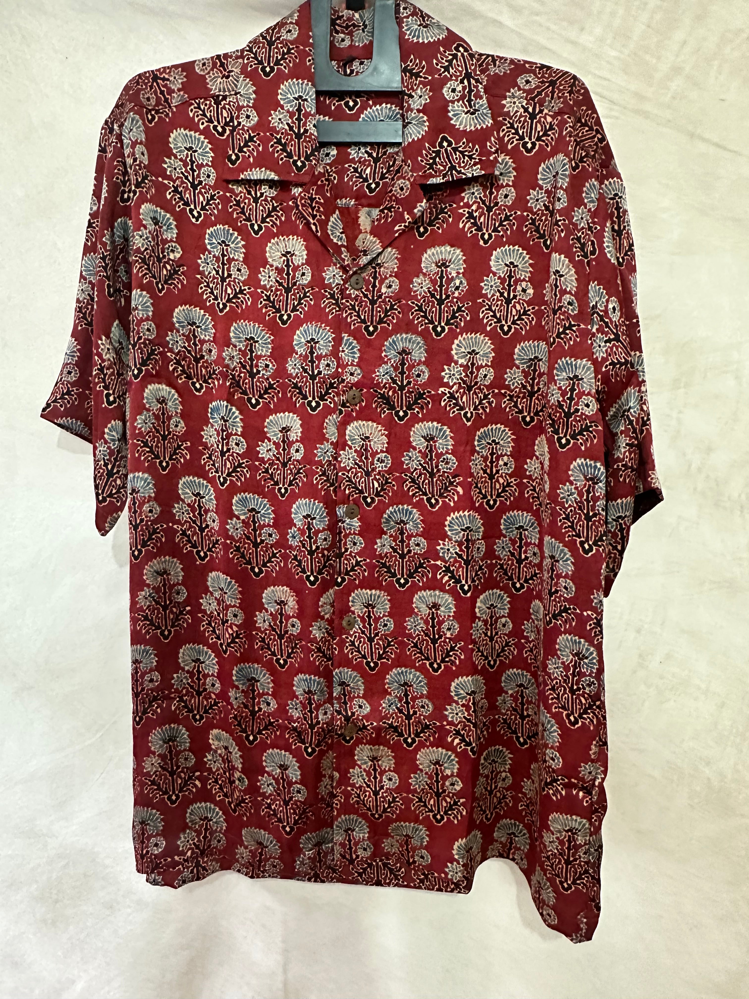 Ajrakh handblock printed Cuban colar shirts in pure modal silk