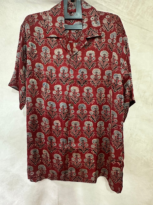 Ajrakh handblock printed Cuban colar shirts in pure modal silk