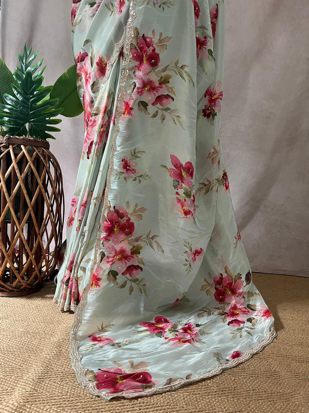 Tissue crepe silk saree with sequins border, stitched blouse