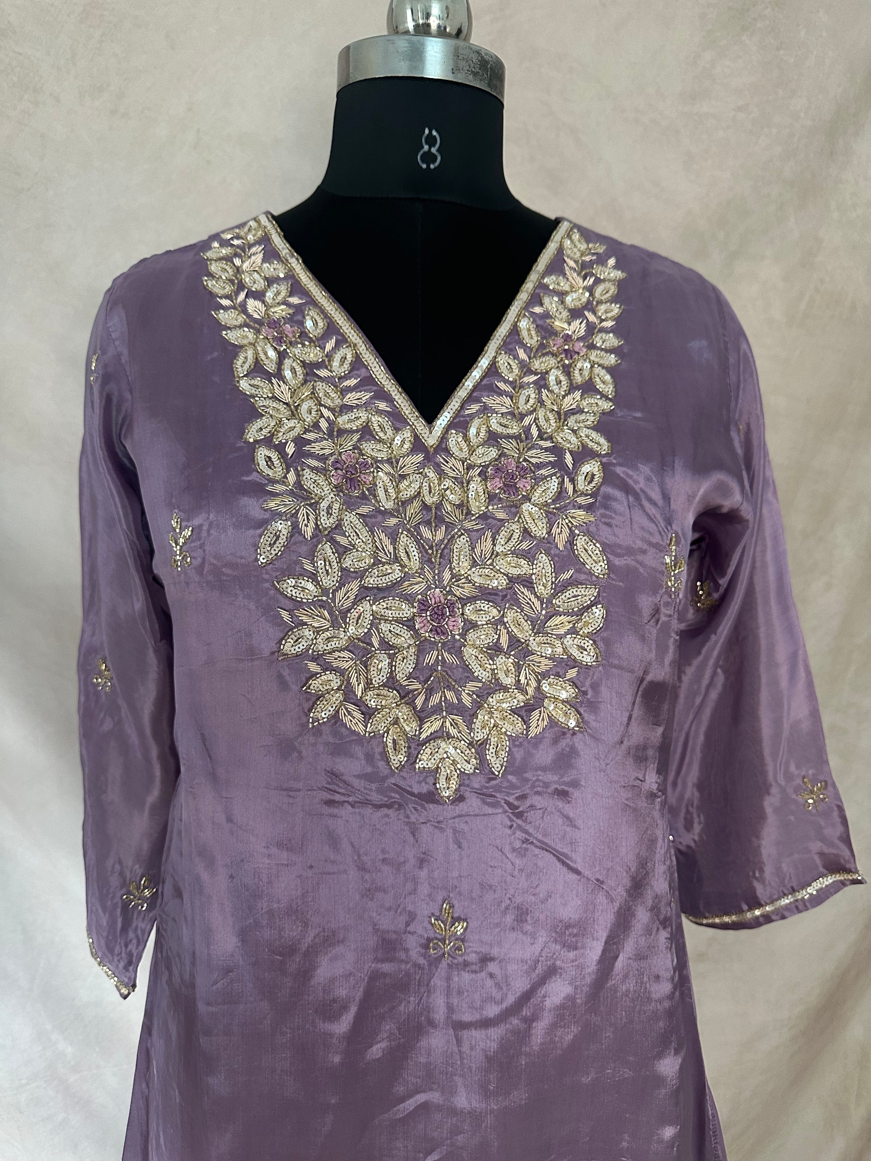 Lilac tissue silk kurti with bottom and dupatta
