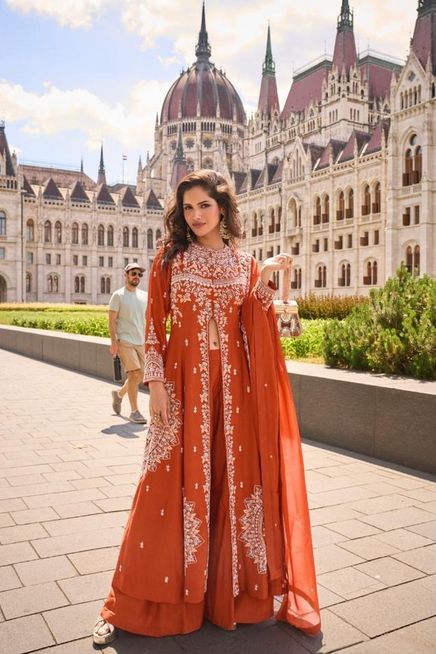 Orange long top with flared pallazo