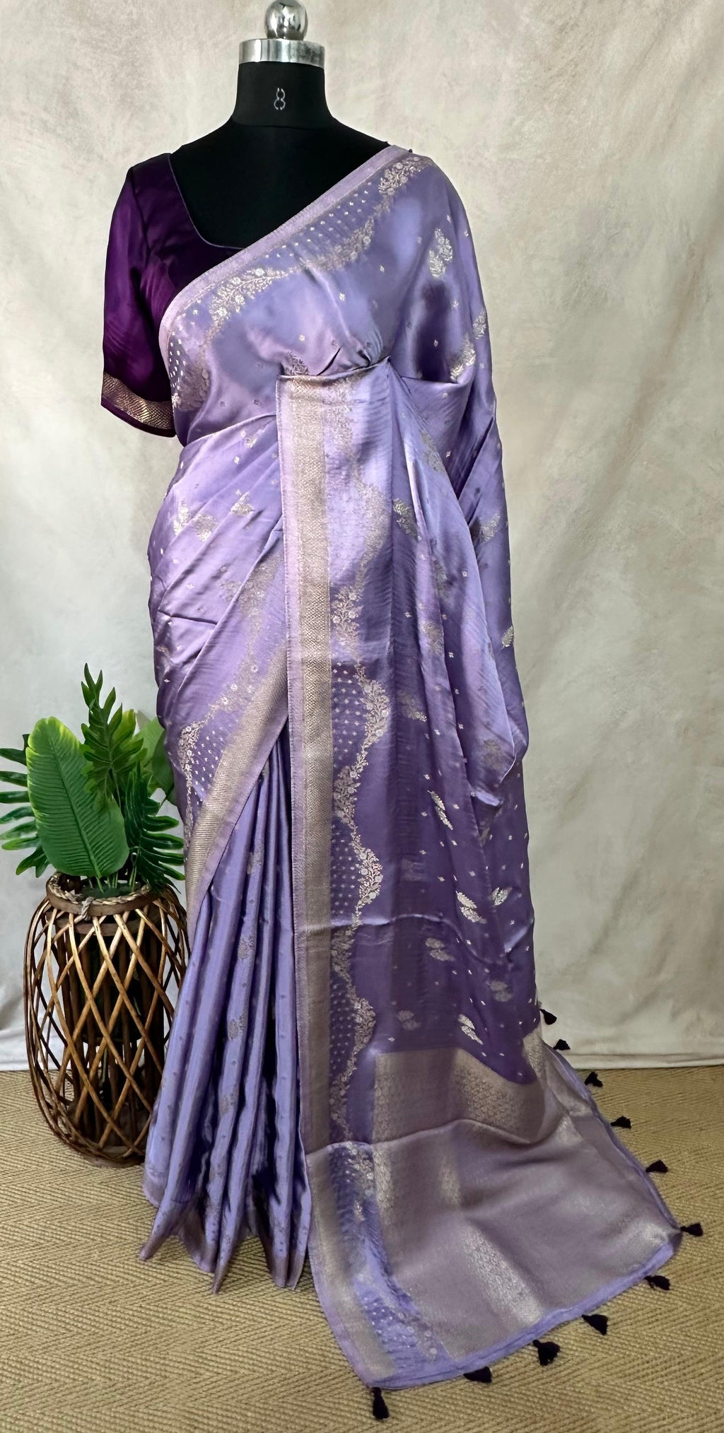Lilac and purple combo satin silk saree with stitched blouse