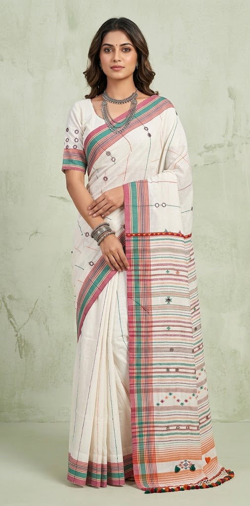 Organic Kala cotton handloom saree with mirror work , stitched blouse