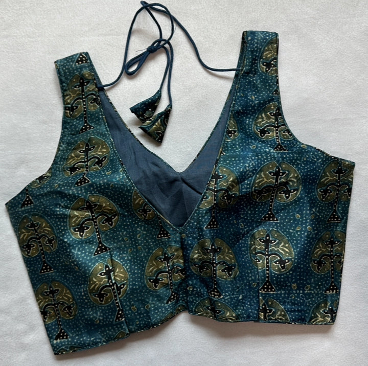 Indigo blue ajrakh hand printed modal silk blouse
