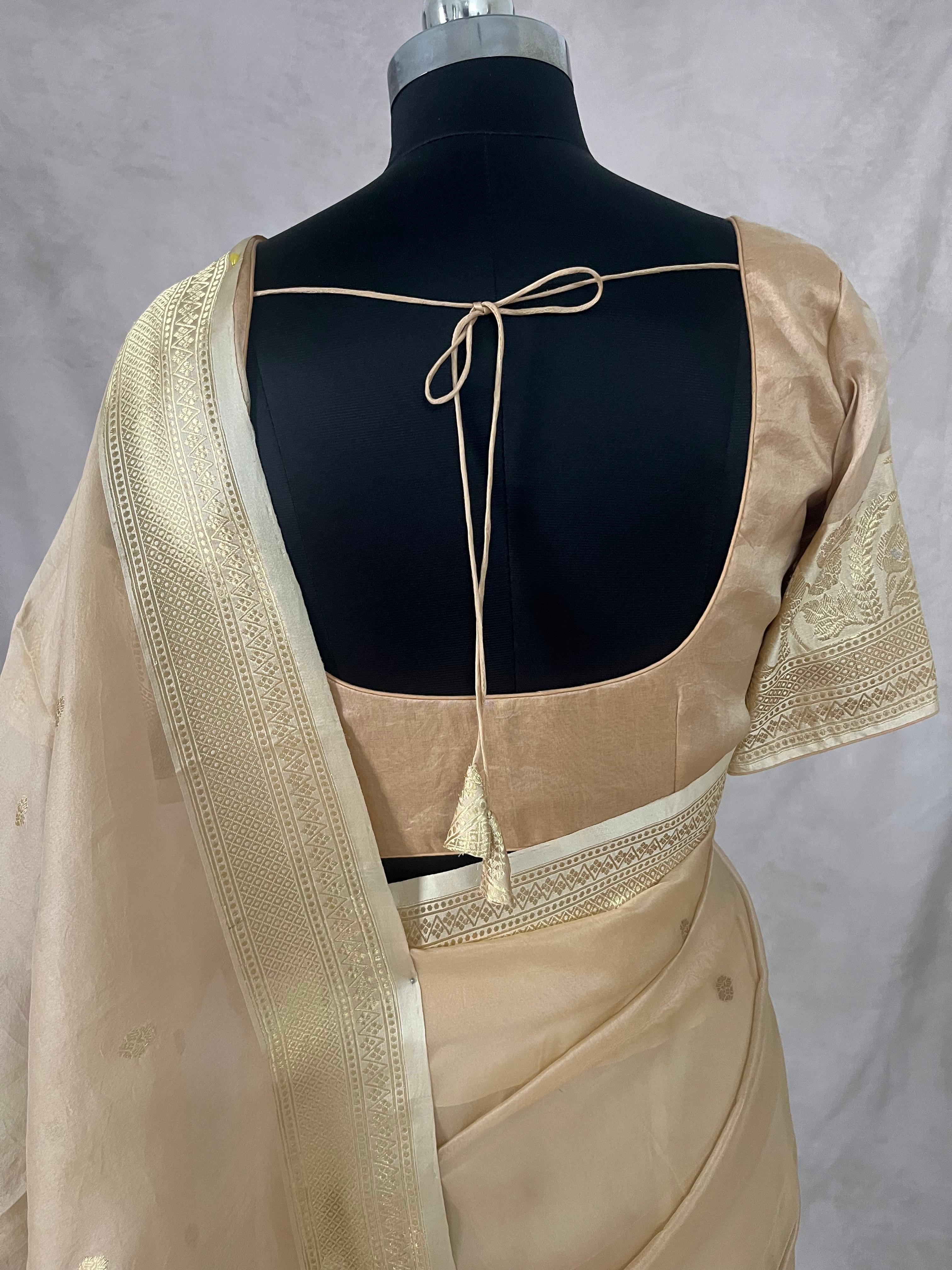 Sandal color pure organza silk saree with katan border and stitched blouse