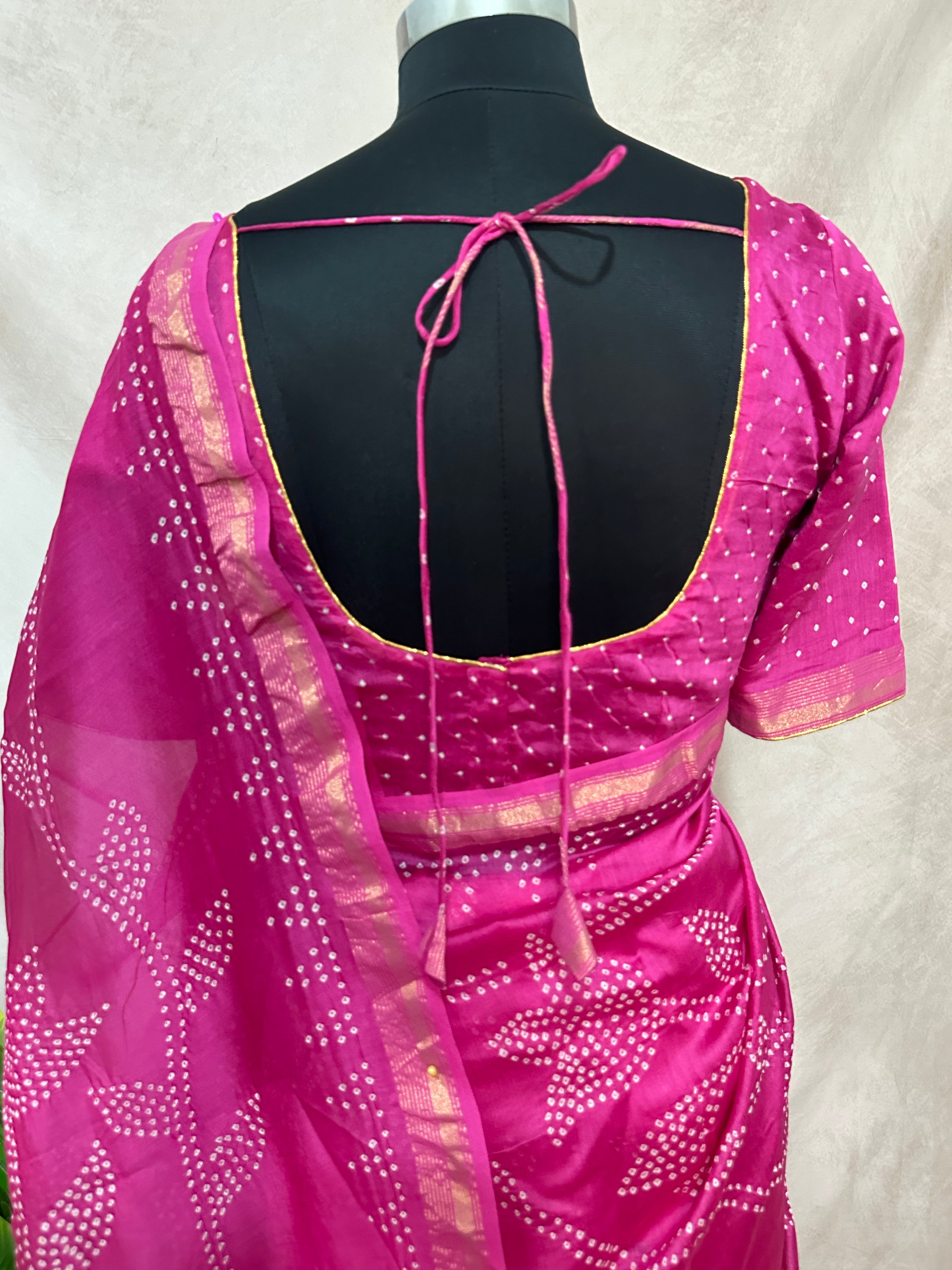 Designer rai bandhej chanderi saree with stitched blouse