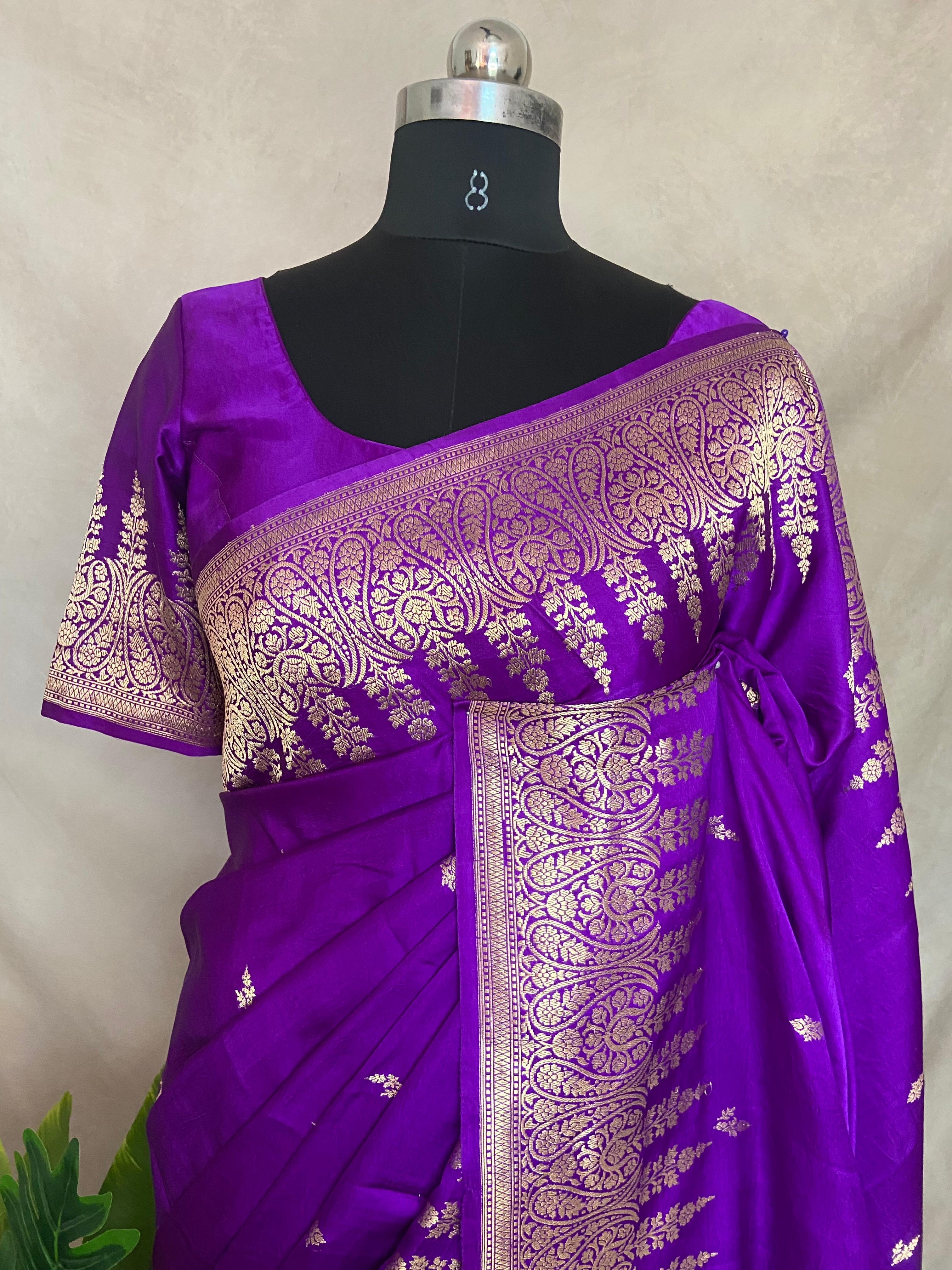 Pure Purple Mashru silk saree with stitched blouse