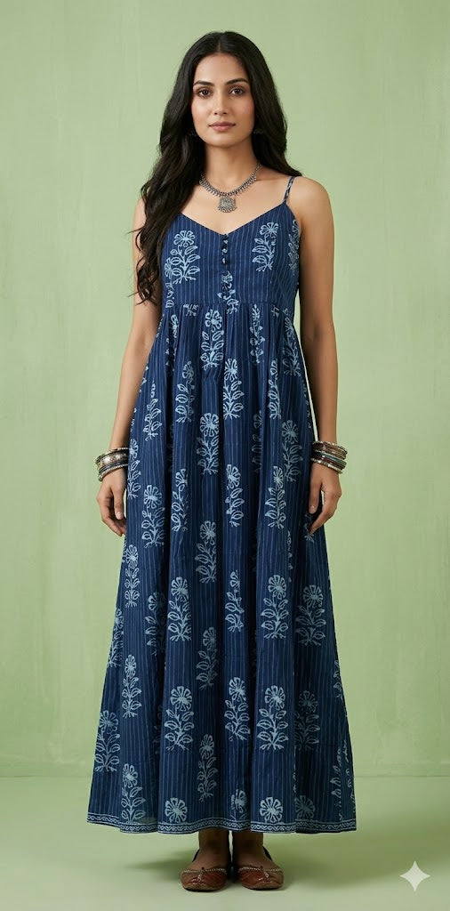 Indigo blue Pure cotton dress with handblock print