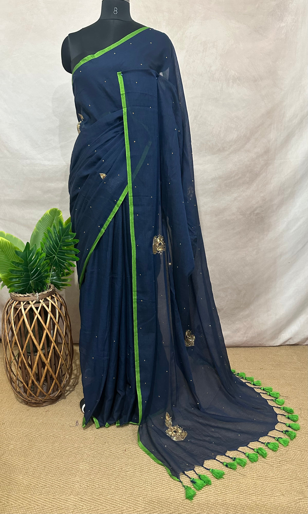 Navy blue pure handloom mul cotton saree with zardosi hand work , no BP