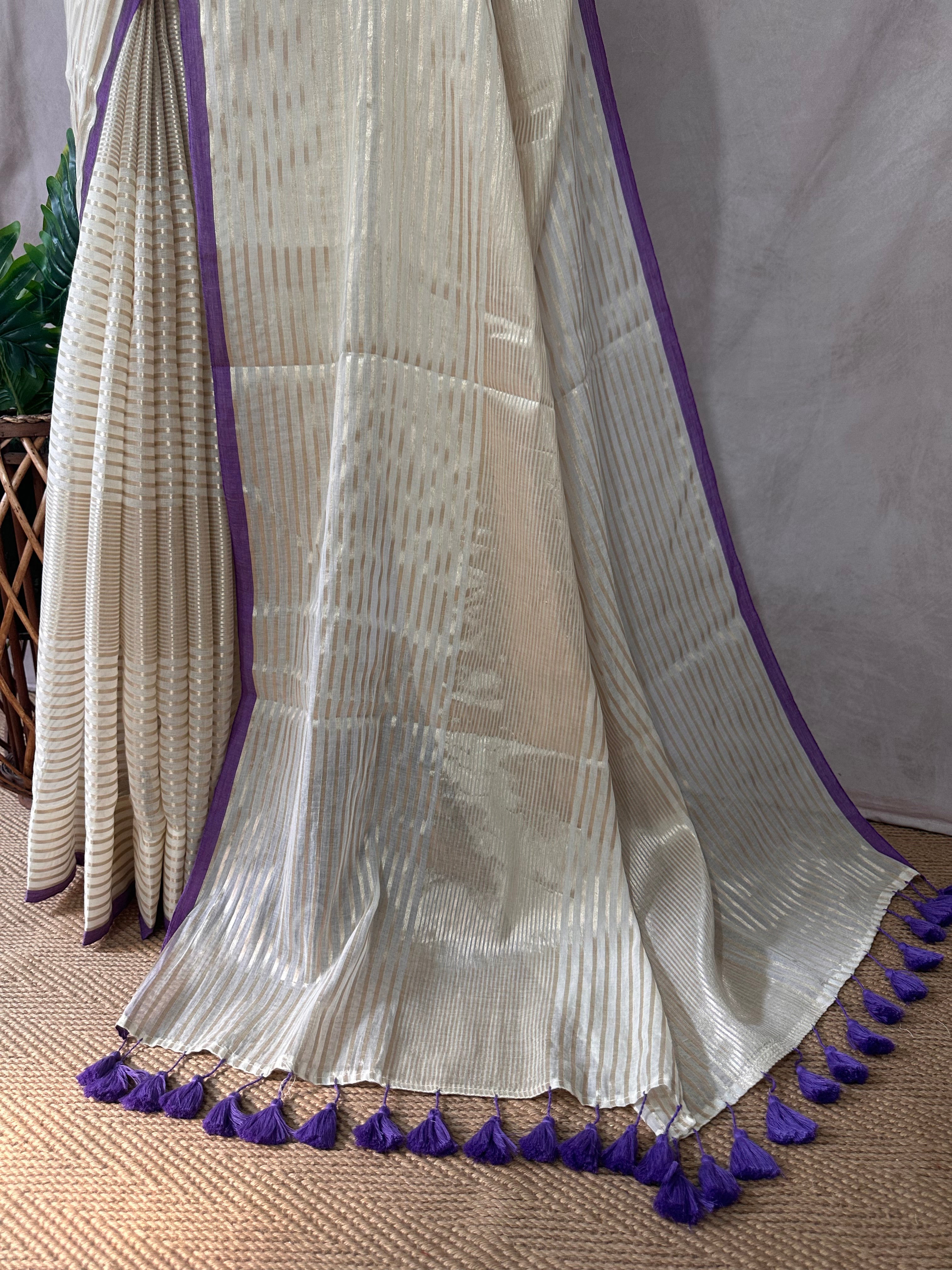 Mauve purple 120 count mulcotton saree with zari lines