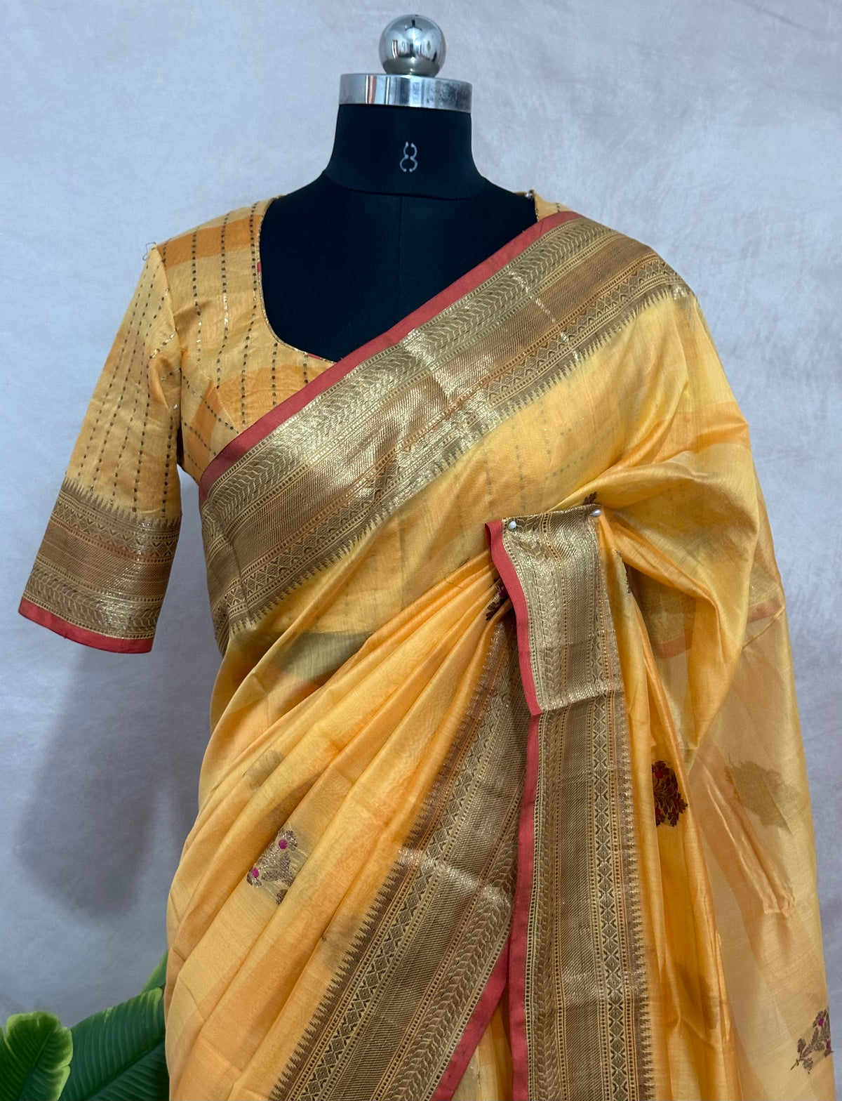 Banarsi cotton silk handloom saree with stitched blouse