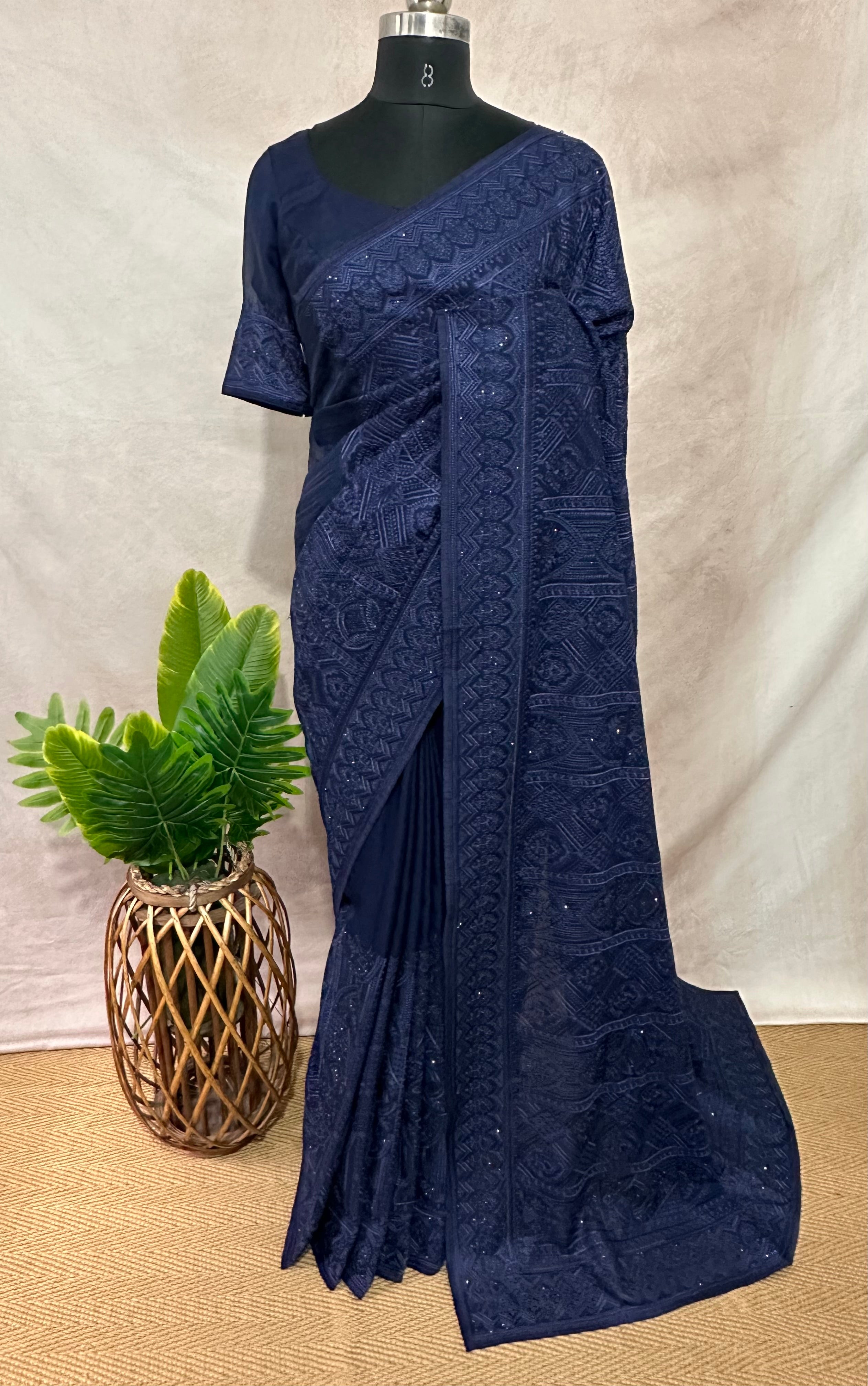 Organza chikankari saree with stitched blouse
