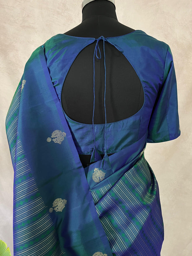 Peacock Blue Kanchivaram saree with stitched blouse
