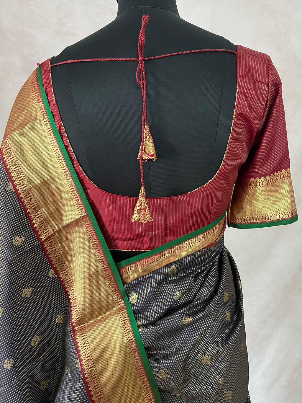 Navy Blue and Maroon Kanchivaram Saree With Stitched Blouse