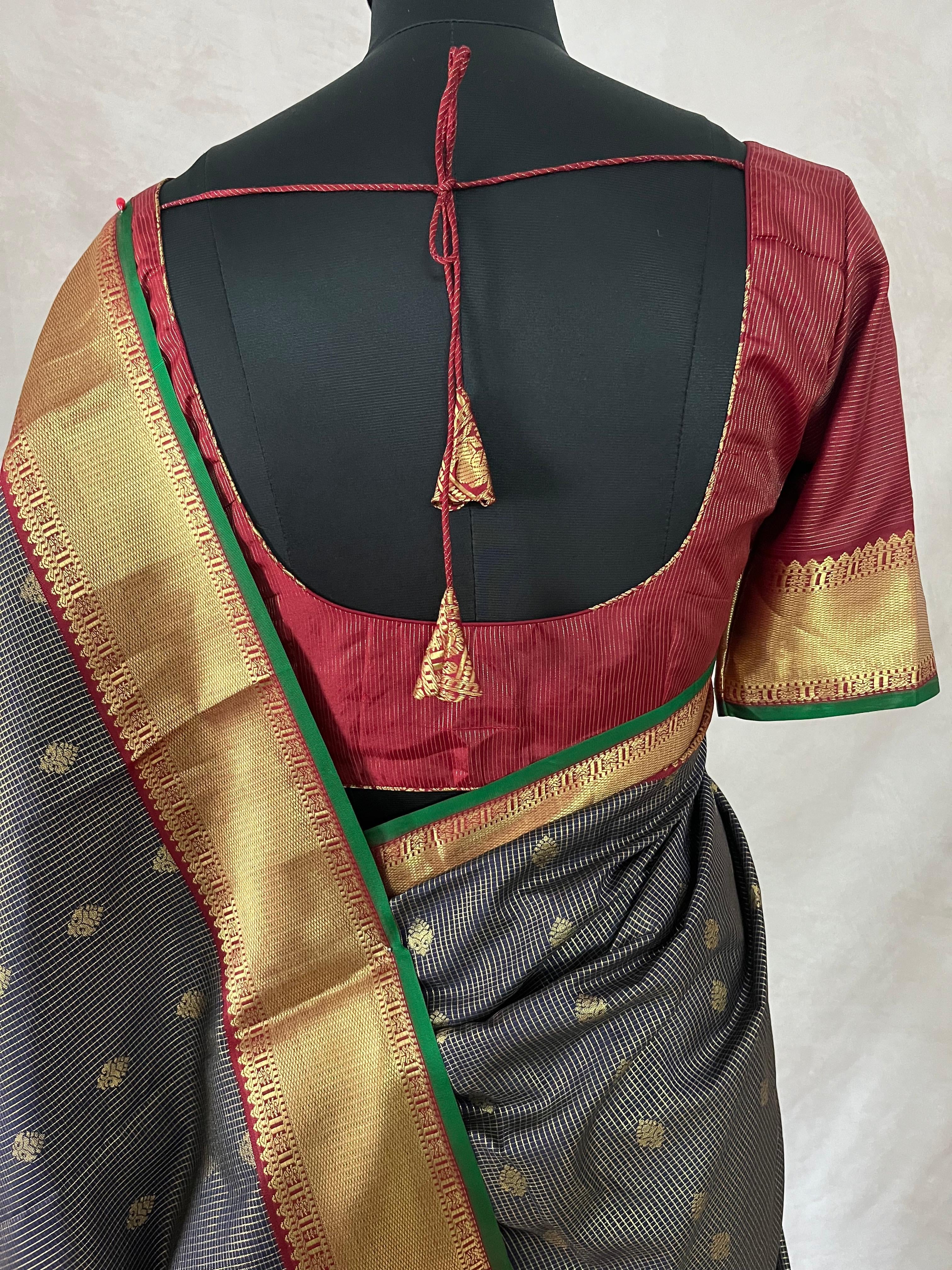 Navy Blue and Maroon Kanchivaram Saree With Stitched Blouse