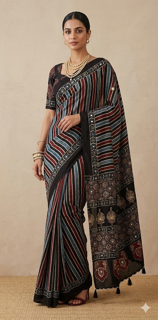Designer Ajrakh modal silk saree with bead and mirroer handwork, stitched blouse
